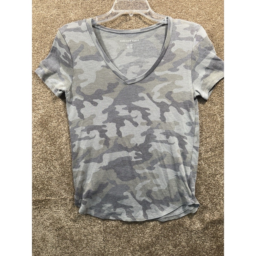 Womens‎ American Eagle Size XS Olive Camo Print V-neck Tee T-shirt Top